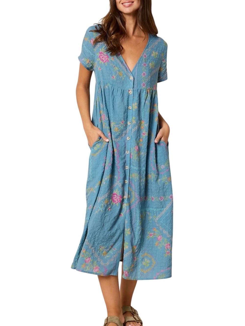 NATURAL LIFE Blue Floral Button-Down Midi Dress Medium NWT Cotton Blend